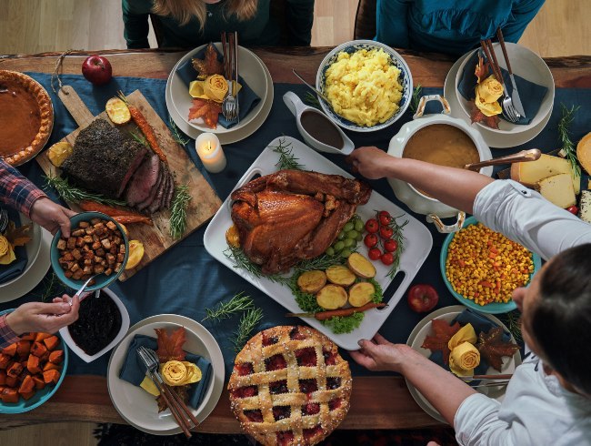 Overhead photo of a Thanksgiving Dinner Table